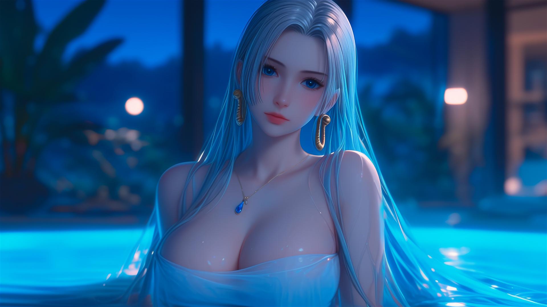 Anime character Boa Hancock from One Piece resting in a tub under moonlight, with white hair.