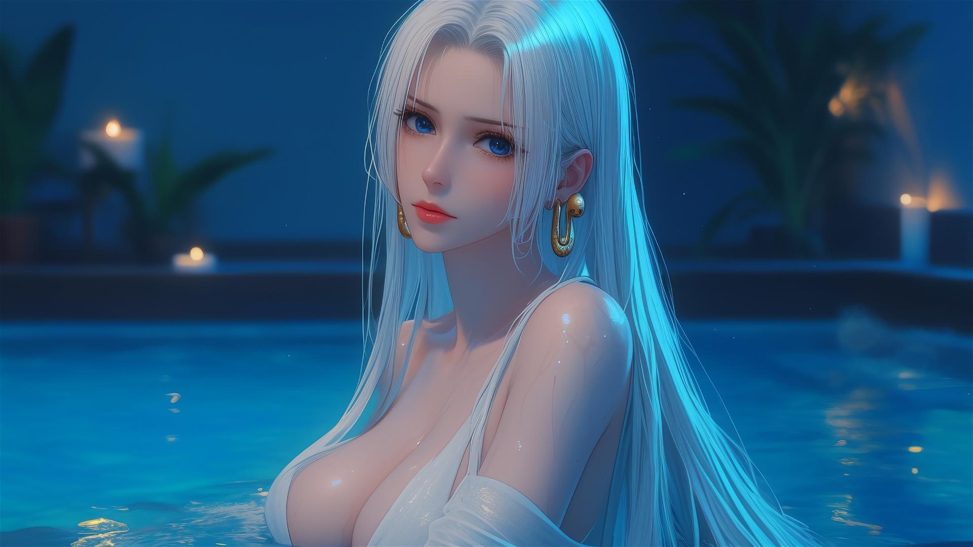 Boa Hancock from One Piece resting in tub under moon glow with white hair