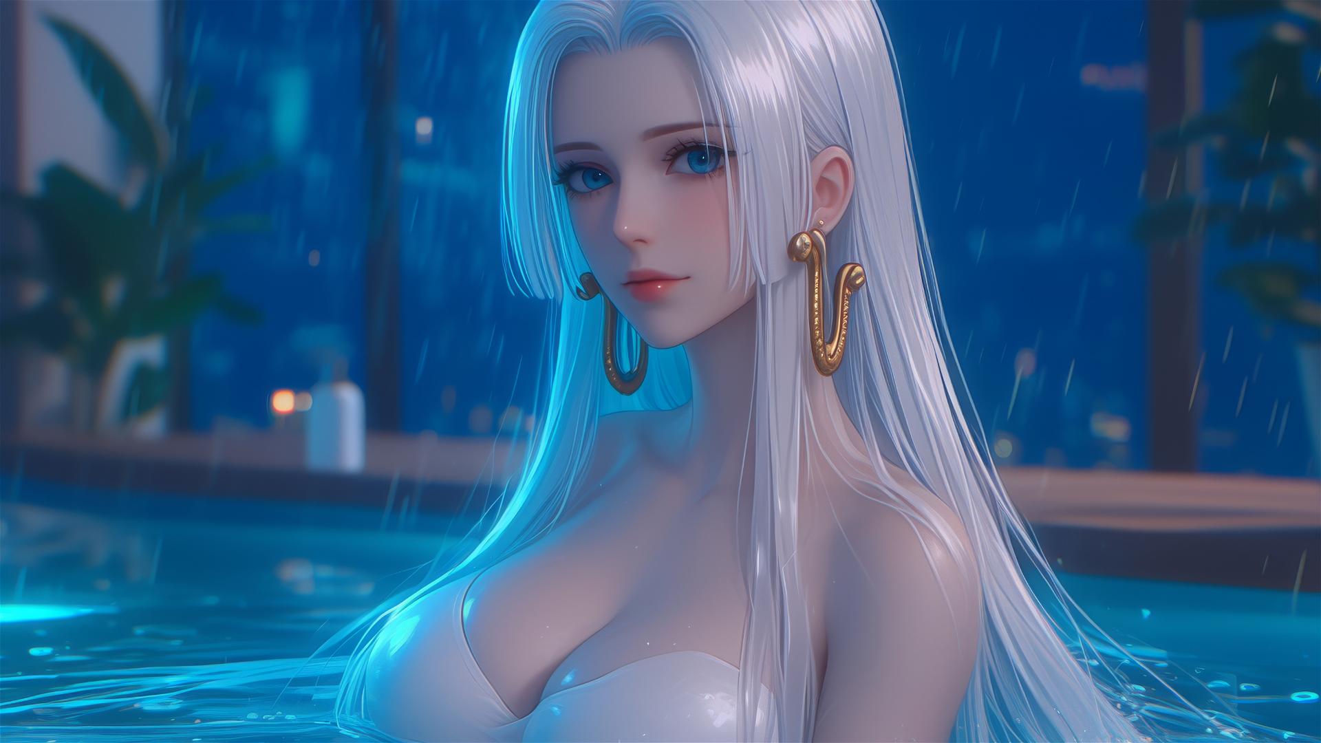 Boa Hancock from One Piece resting in a moonlit tub with white hair