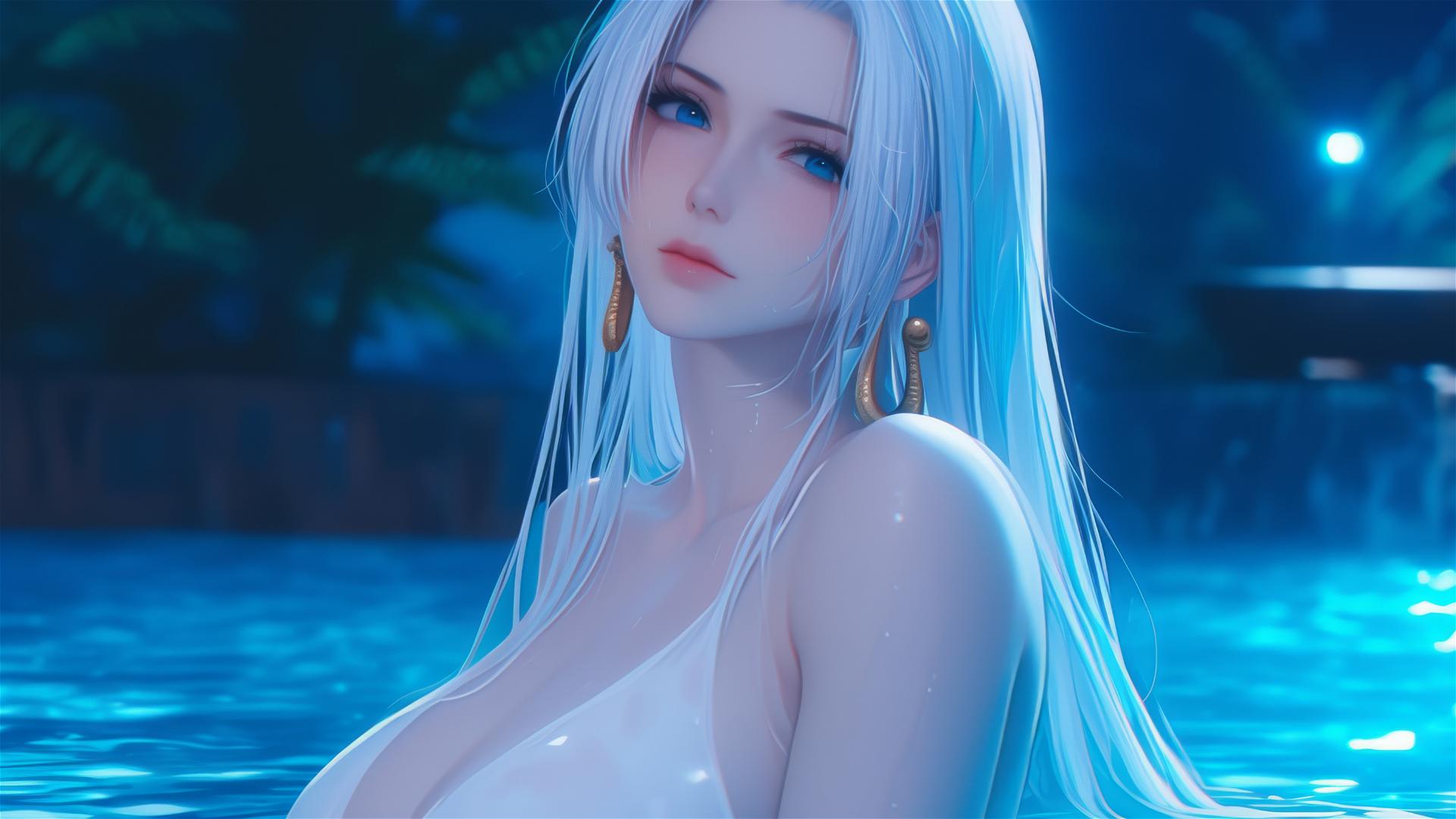 Boa Hancock from One Piece resting in a bathtub, highlighted by moonlight