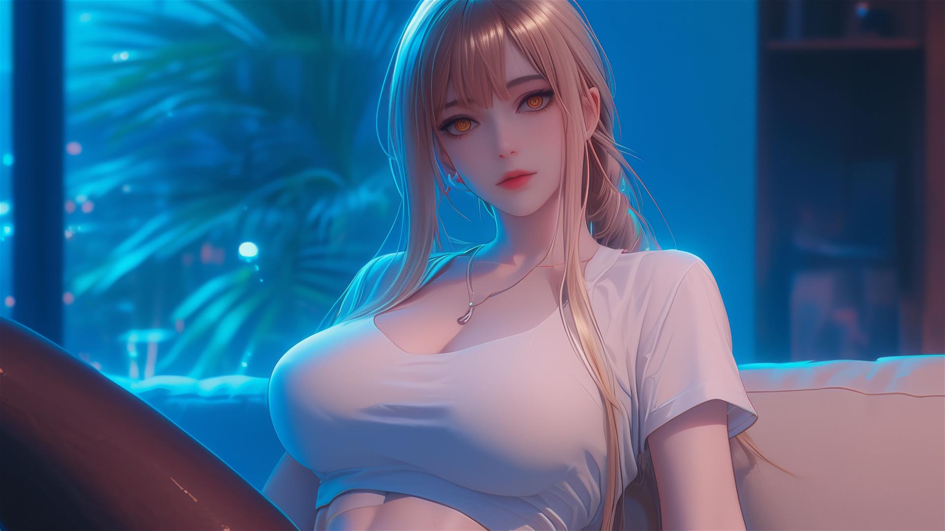 Makima from Chainsaw Man resting in moonlight in an apartment, emphasizing on her blond and reddish hair.