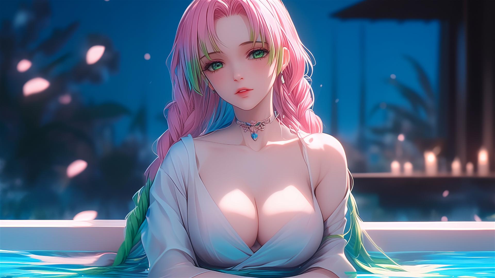 Mitsuri Kanroji from Demon Slayer resting in a tub under moonglow, showing her unique pink to green hair
