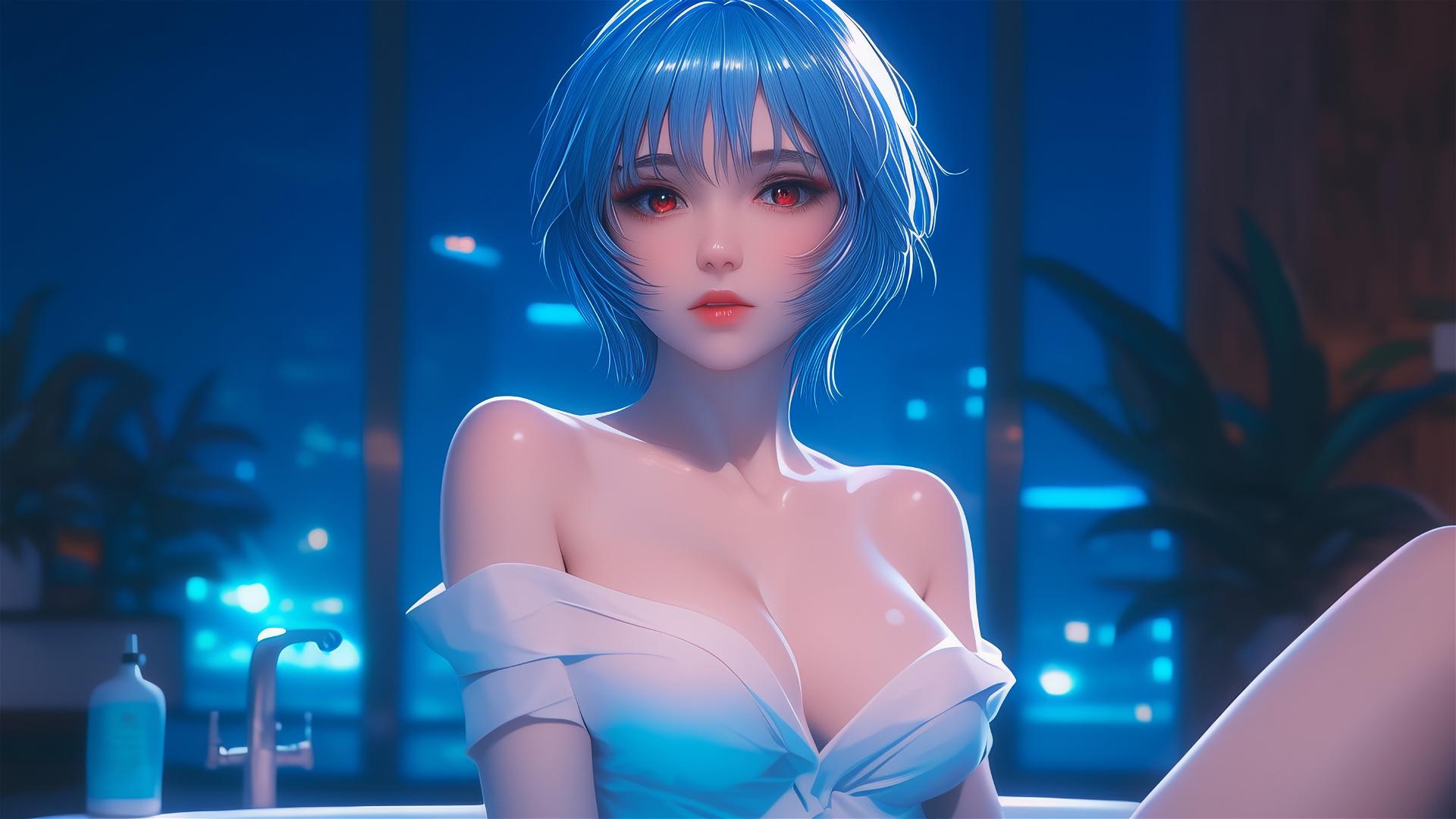 Rei Ayanami from Neon Genesis Evangelion resting in tub under the moonlight