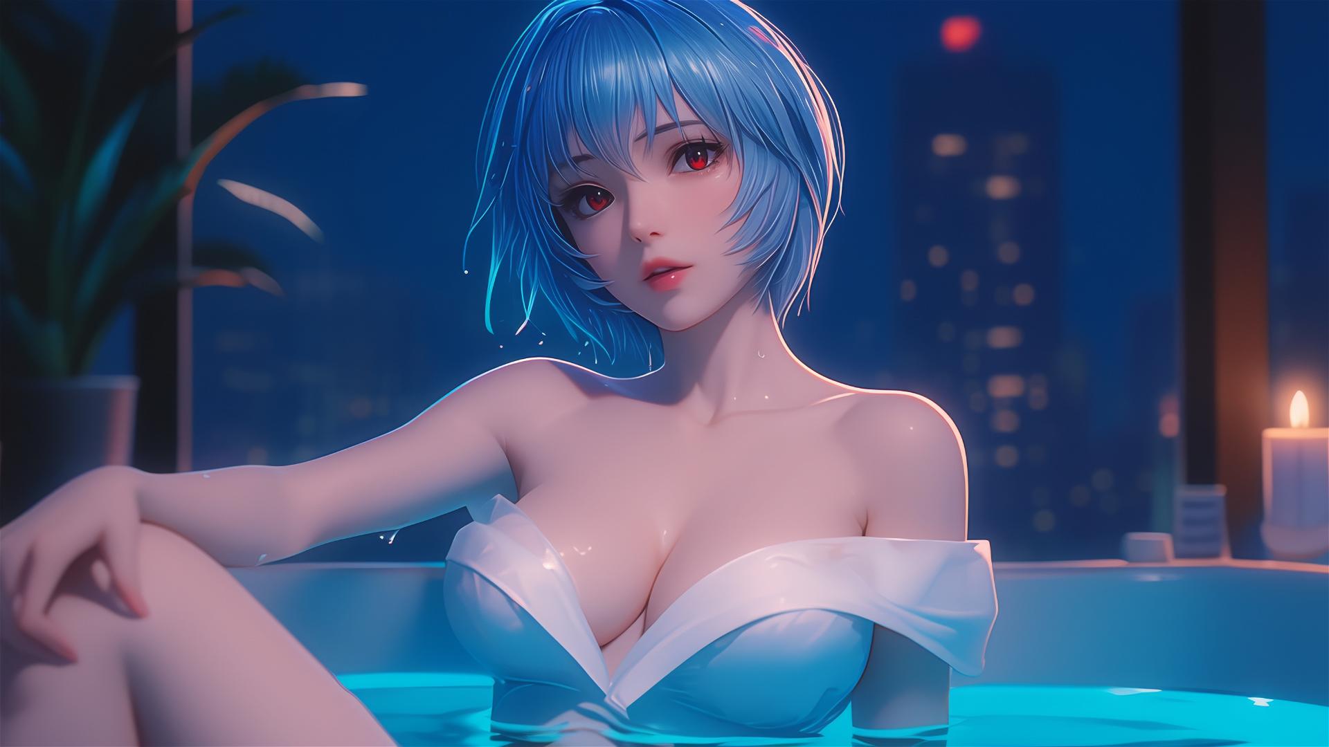 Rei Ayanami from Neon Genesis Evangelion resting in tub under moonlight, with short blue hair