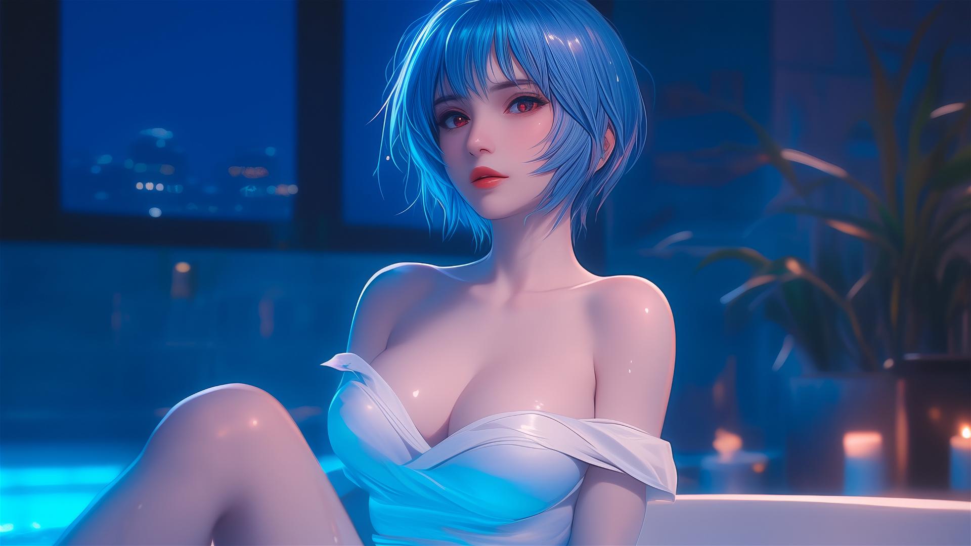 Rei Ayanami, character from Neon Genesis Evangelion, resting in a tub, moonlight highlighting her blue hair.