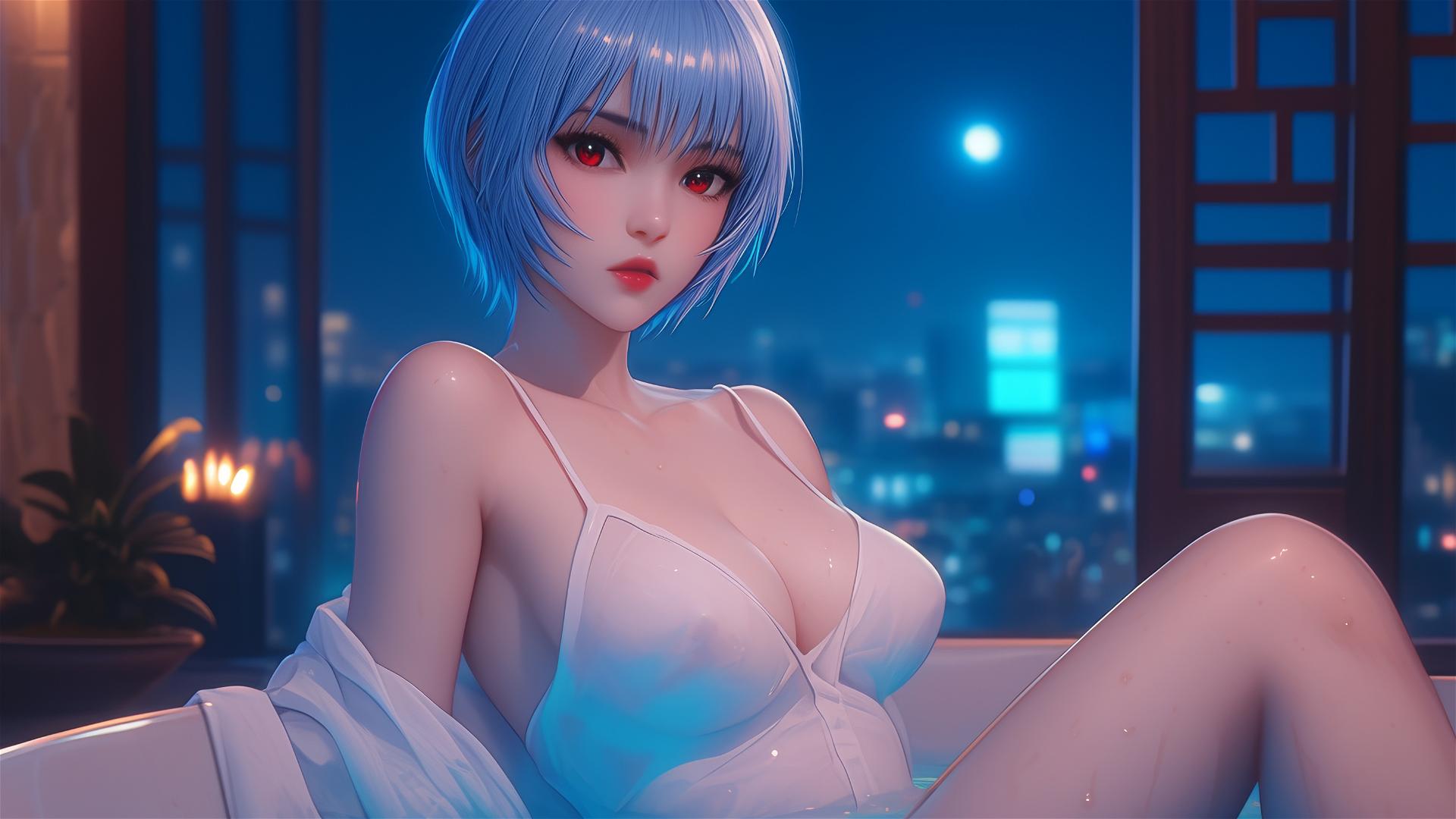 Anime character Rei Ayanami from Neon Genesis Evangelion resting in a tub