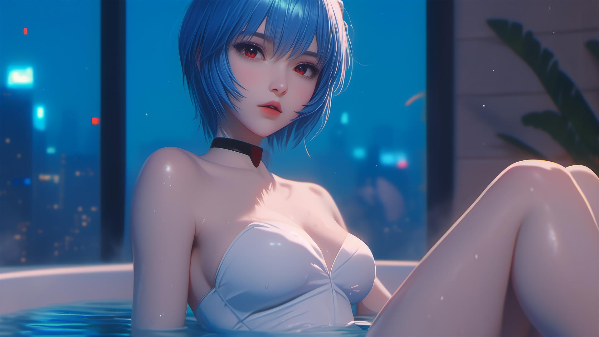 Rei Ayanami relaxing in a moonlit tub, short blue hair highlighted