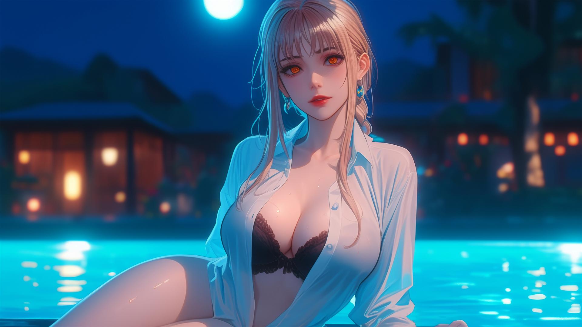 Makima from Chainsaw Man resting in a tub under moonlight with blond and red hair