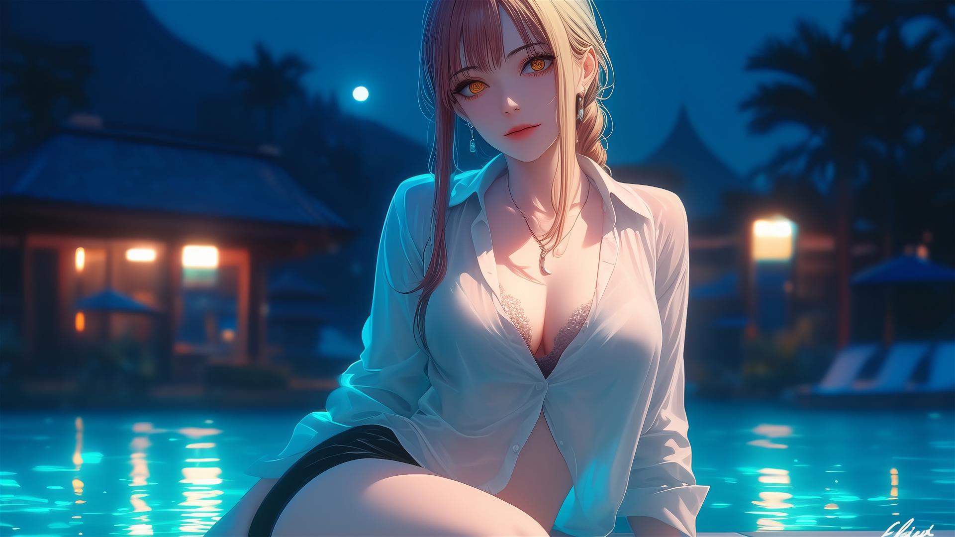 Makima from Chainsaw Man relaxing in a tub under moonlight, with glowing blond and reddish hair