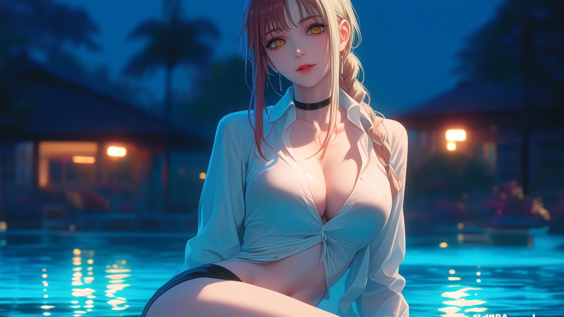 Makima from Chainsaw Man resting in tub under moonlight with blond and redish hair