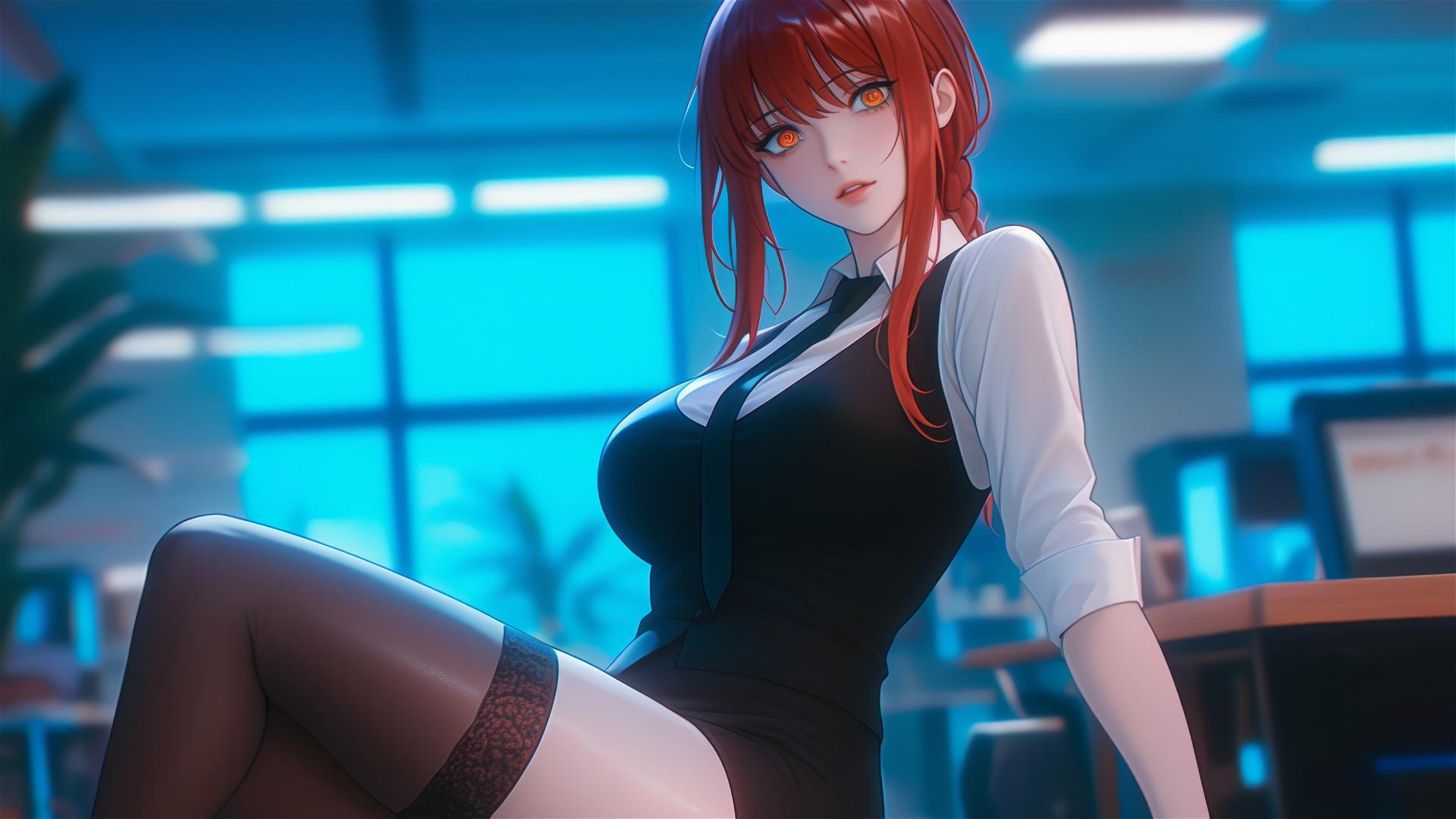 Makima from Chainsaw Man, standing in the office, with a focus on her thigh and redish hair