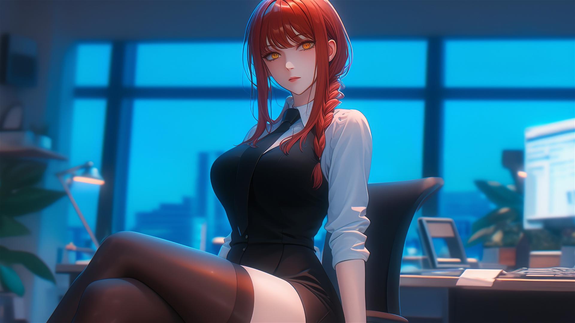 Makima from Chainsaw Man leisurely standing in the office with focus on her thighs and her reddish hair viewed from a low angle