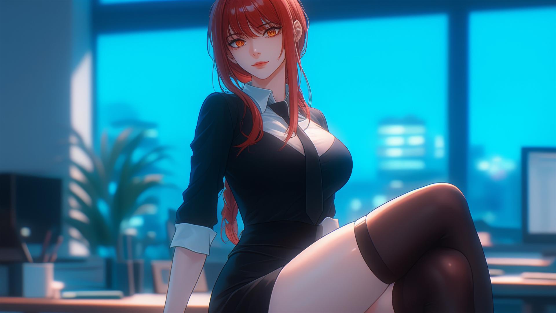 Makima from Chainsaw Man standing in office, focus on thighs, with reddish hair