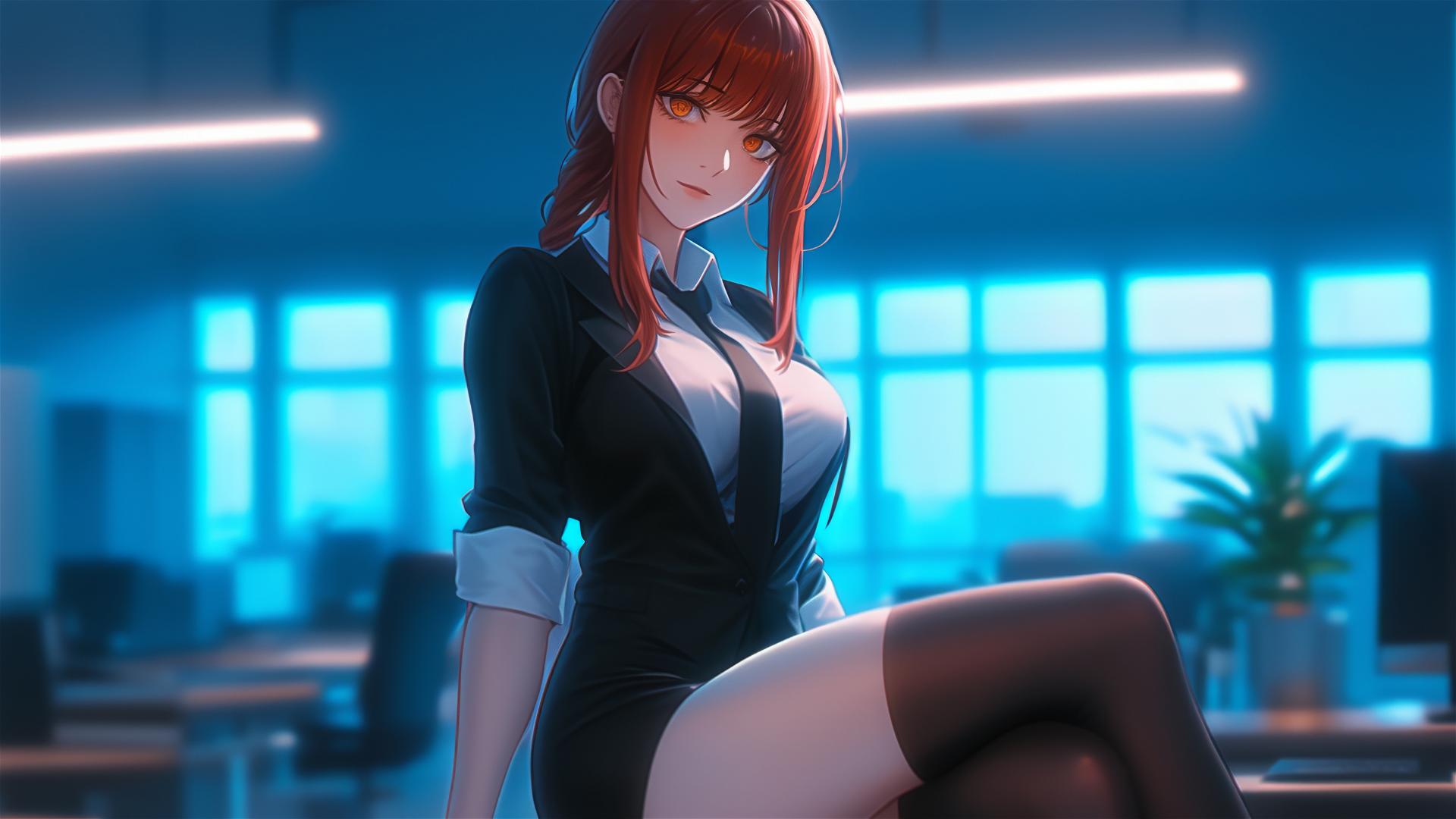 Makima from Chainsaw Man standing in the office, thigh focus, with reddish hair