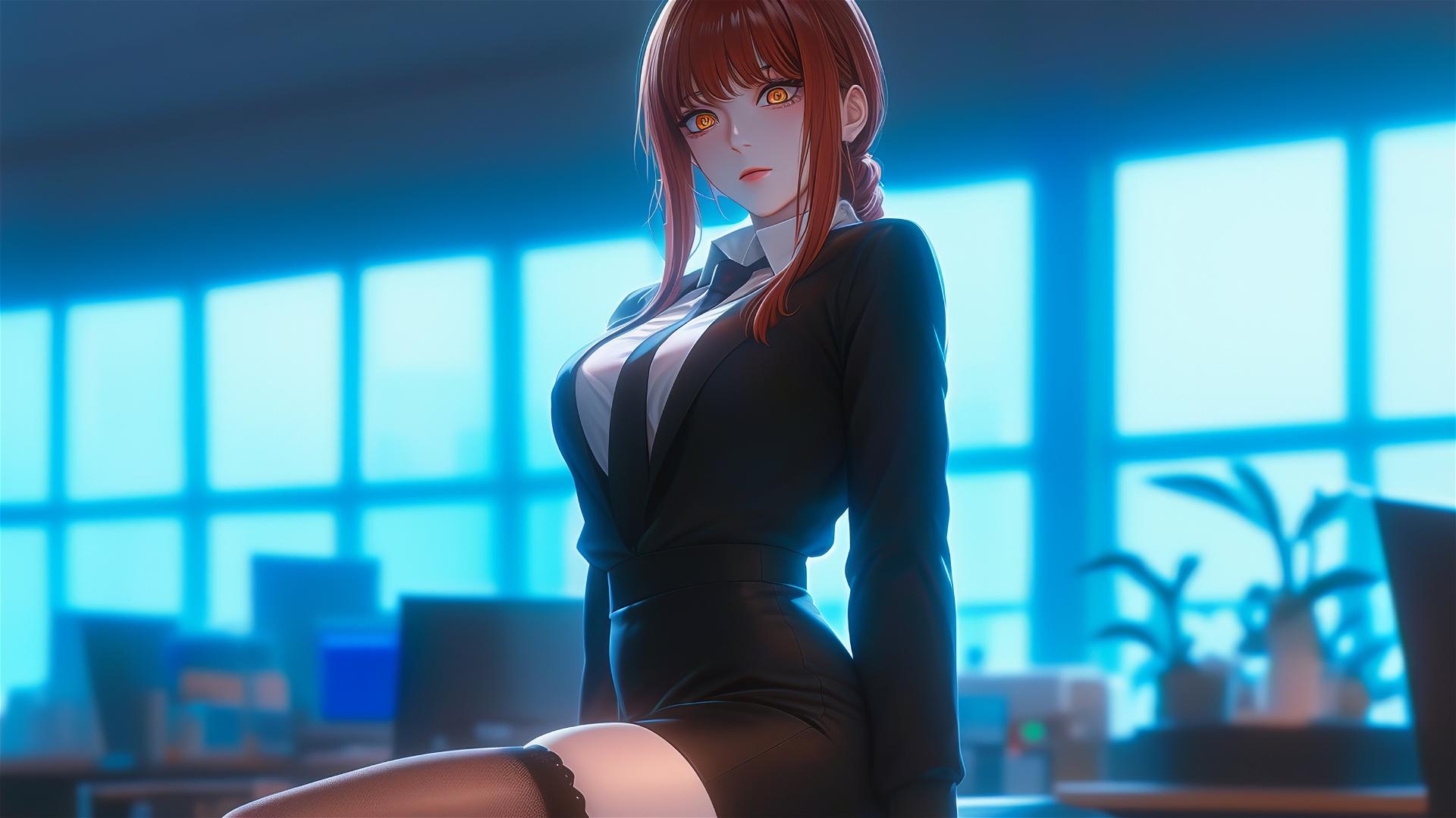 Makima from Chainsaw Man standing in the office with a focus on her thigh
