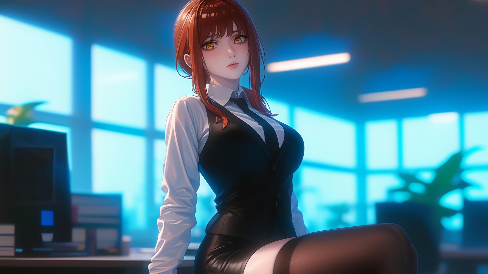 Makima from Chainsaw Man standing in the office, focus on thigh, with reddish hair