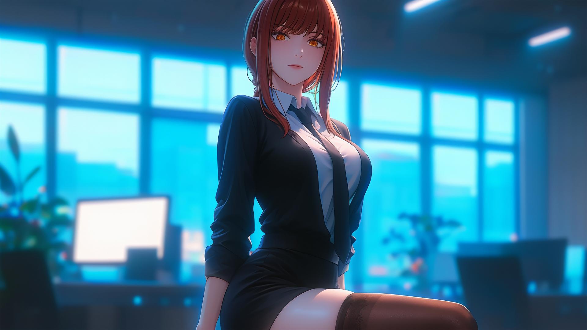 Makima from Chainsaw Man standing in the office, with a focus on her thigh, distinctive red hair visible.