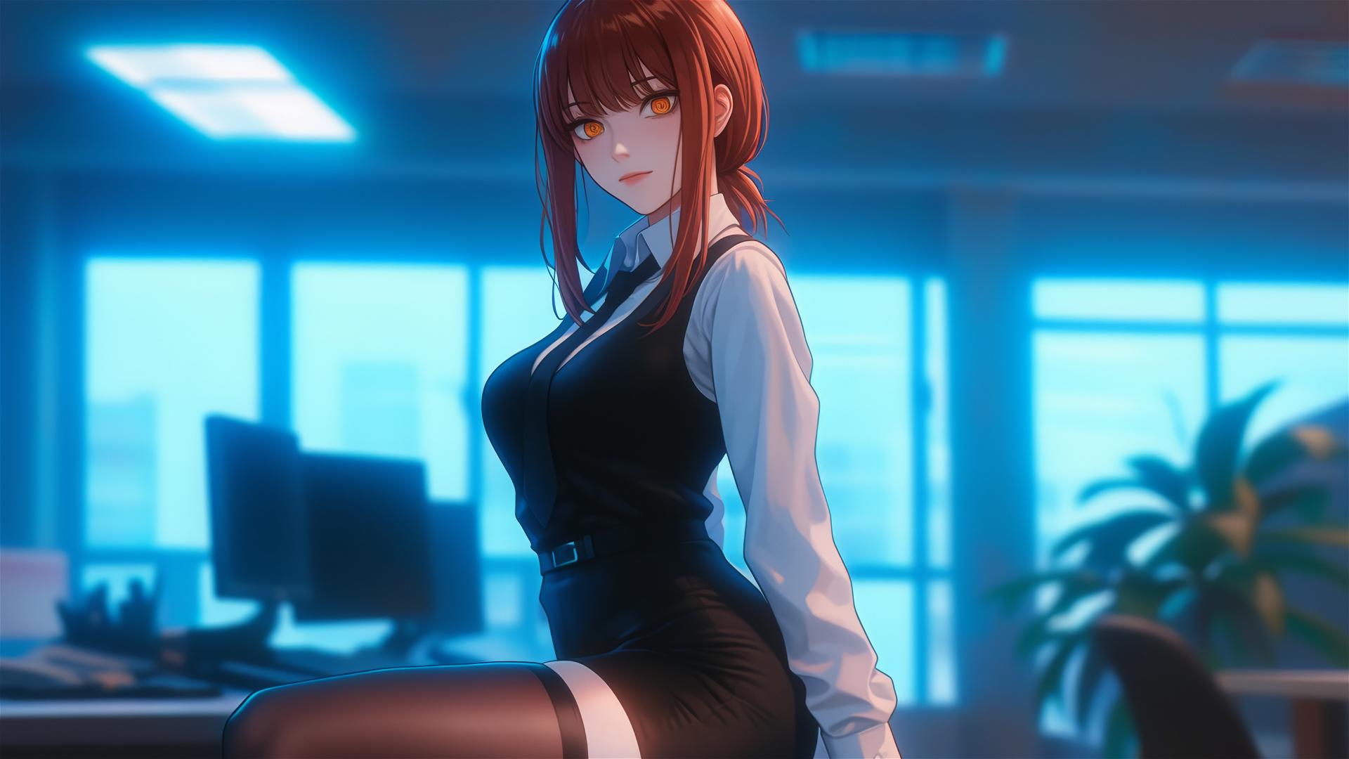 Makima from Chainsaw Man standing in an office, emphasis on thighs, with reddish hair.