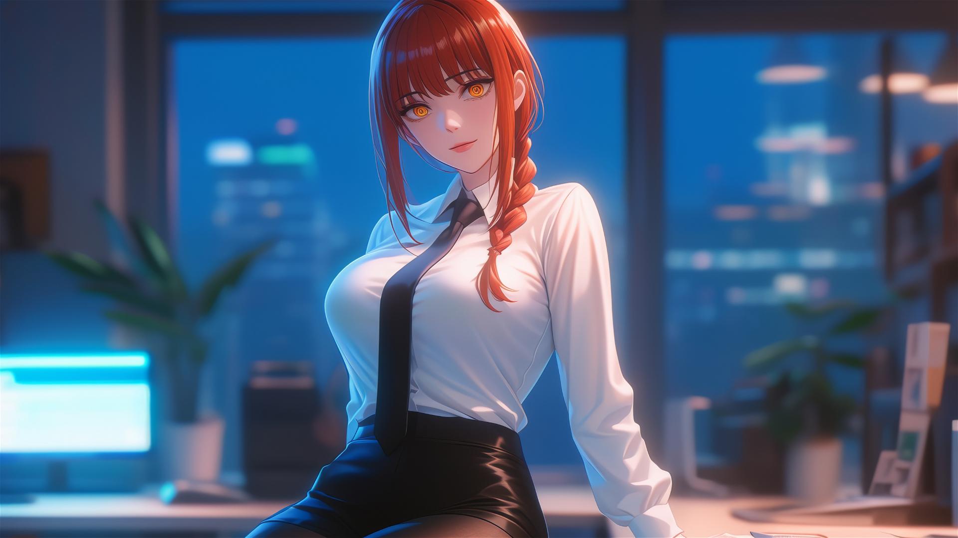 Makima from Chainsaw Man standing leisurely in the office with a focus on her thigh, featuring reddish hair