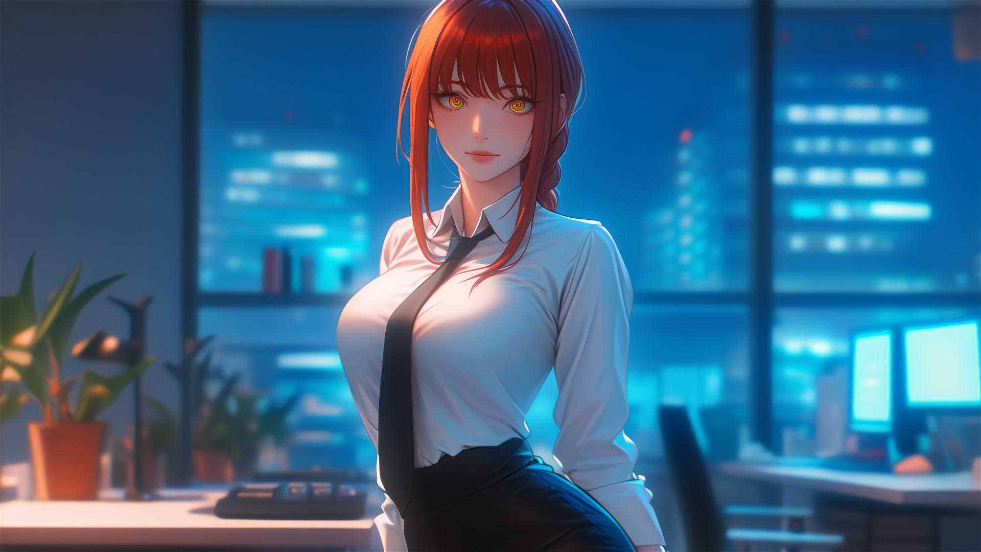 Makima from Chainsaw Man in office, emphasis on thigh and red hair
