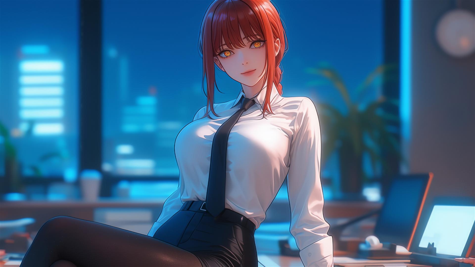 Anime character Makima from Chainsaw Man standing leisurely in the office with a focus on her thighs, with reddish hair.