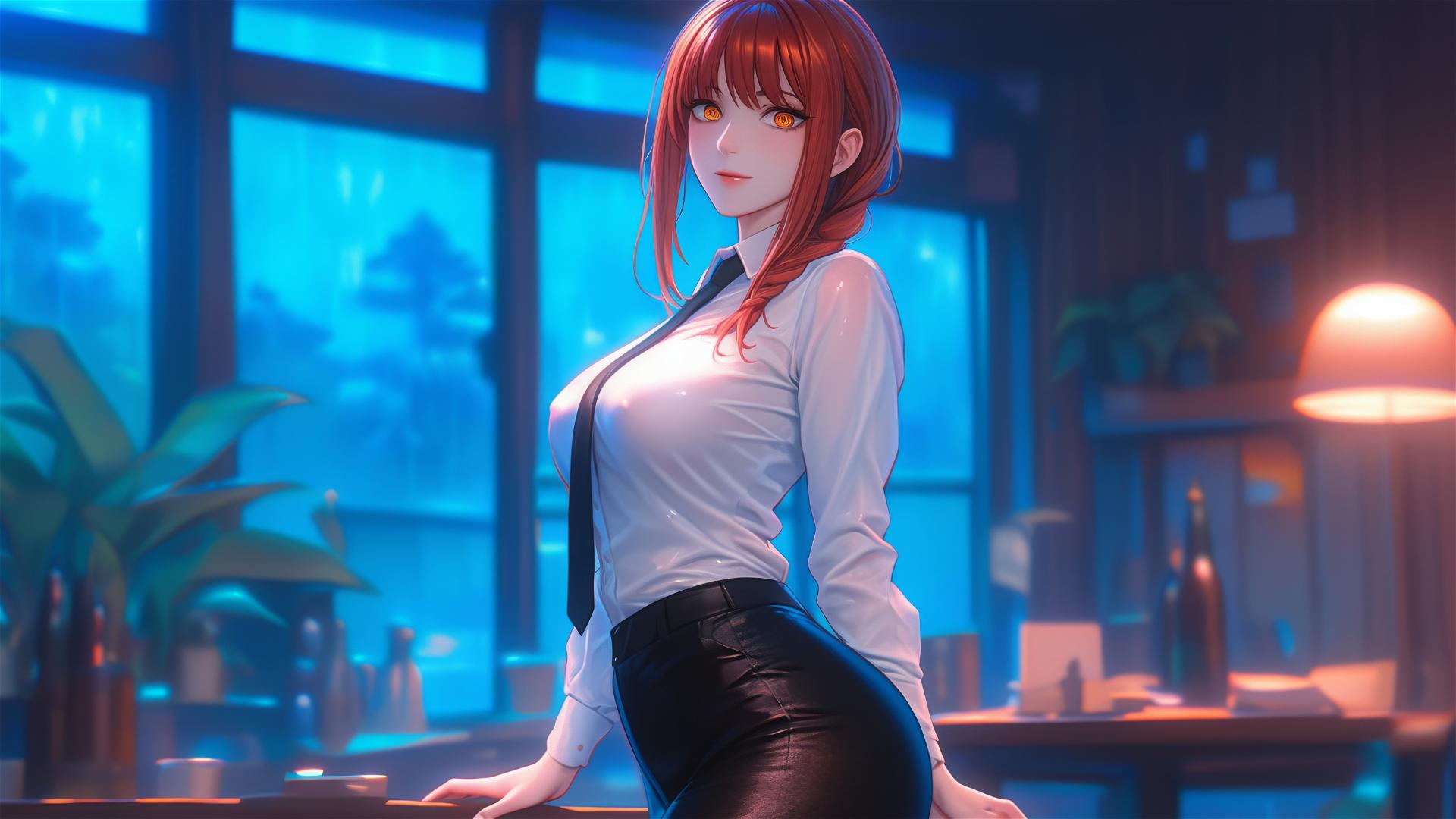 Makima from Chainsaw Man standing leisurely in a bar with moonlight on her figure. She has red hair and there's heavy rain outside.