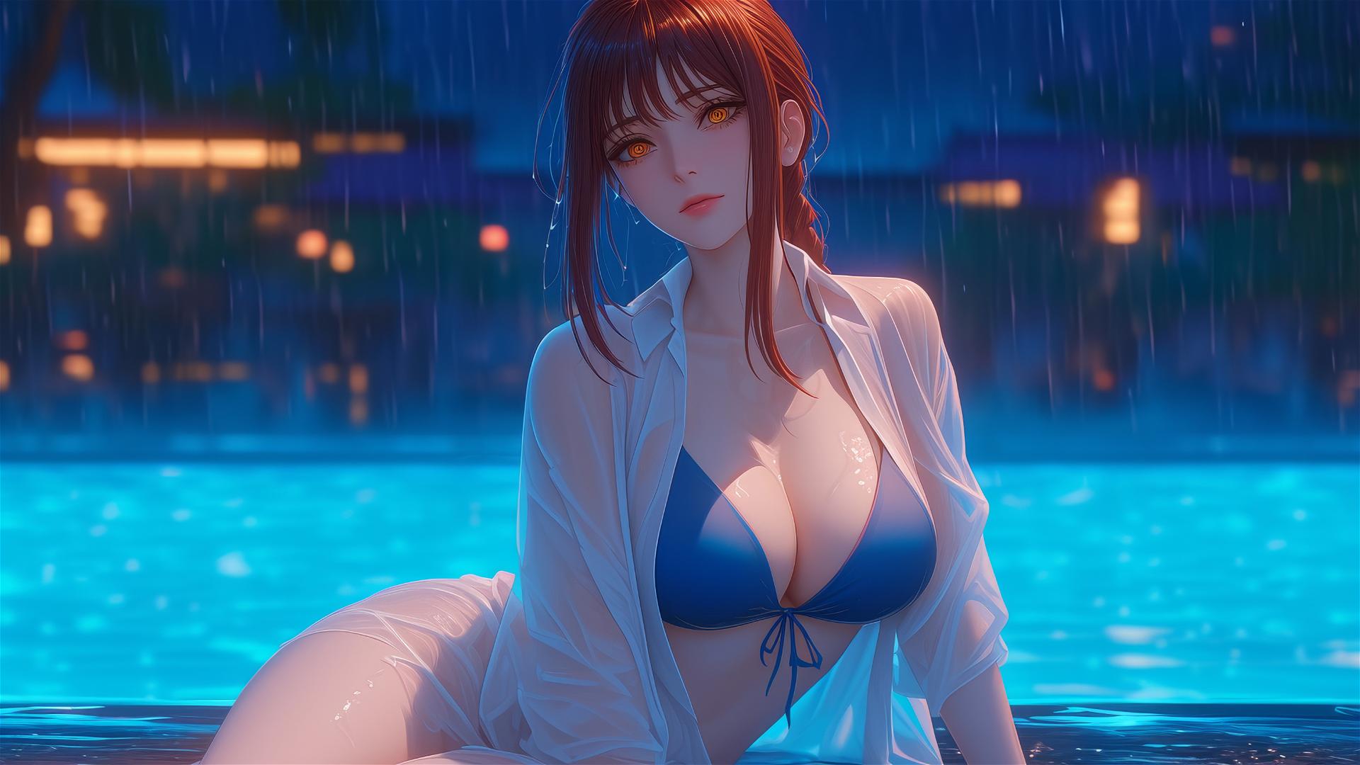 Makima from Chainsaw Man resting by the rainy pool under moonlight, with blond and redish hair