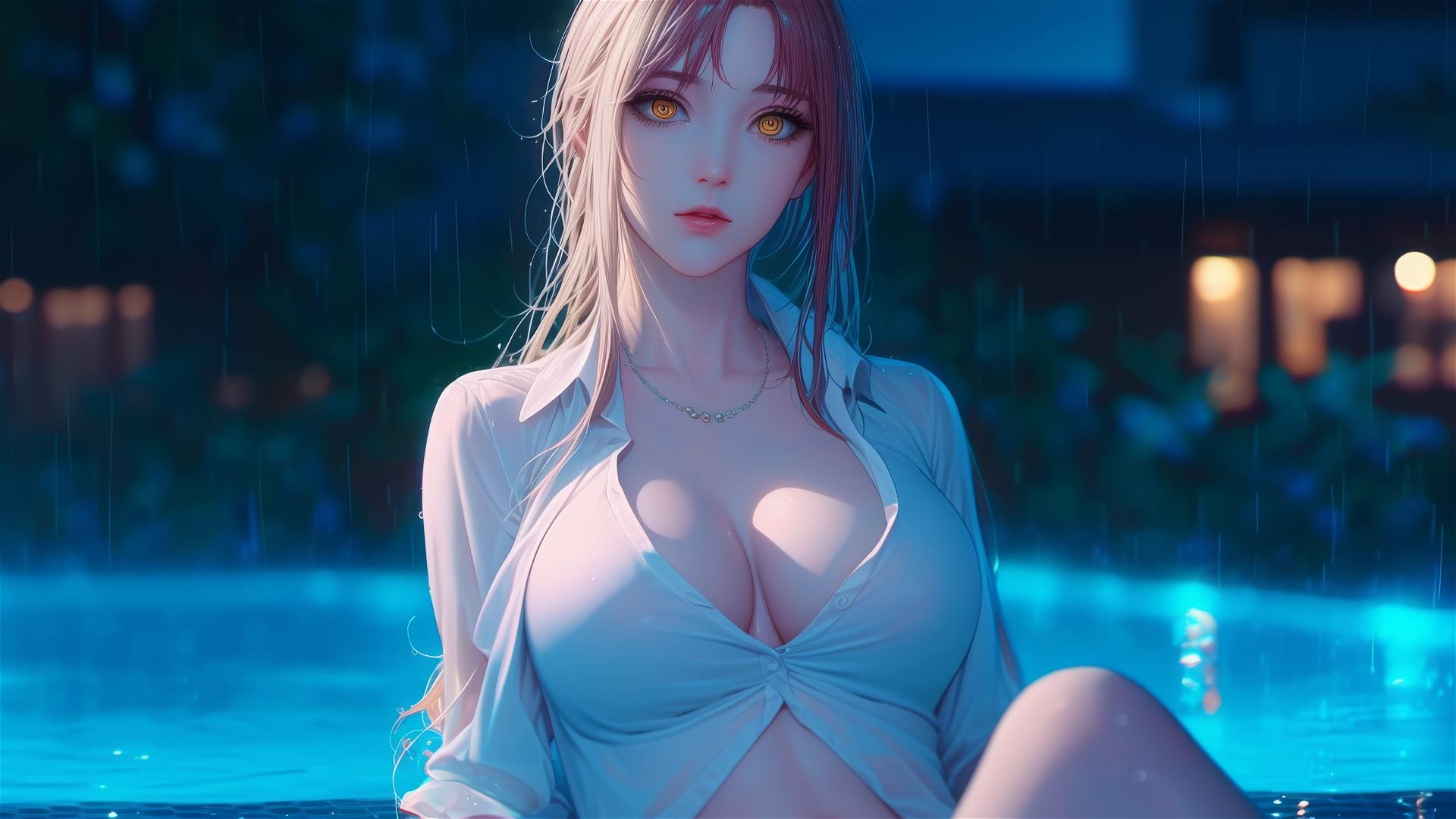 Makima from Chainsaw Man resting by a rainy swimming pool under moonlight, blond and red hair visible