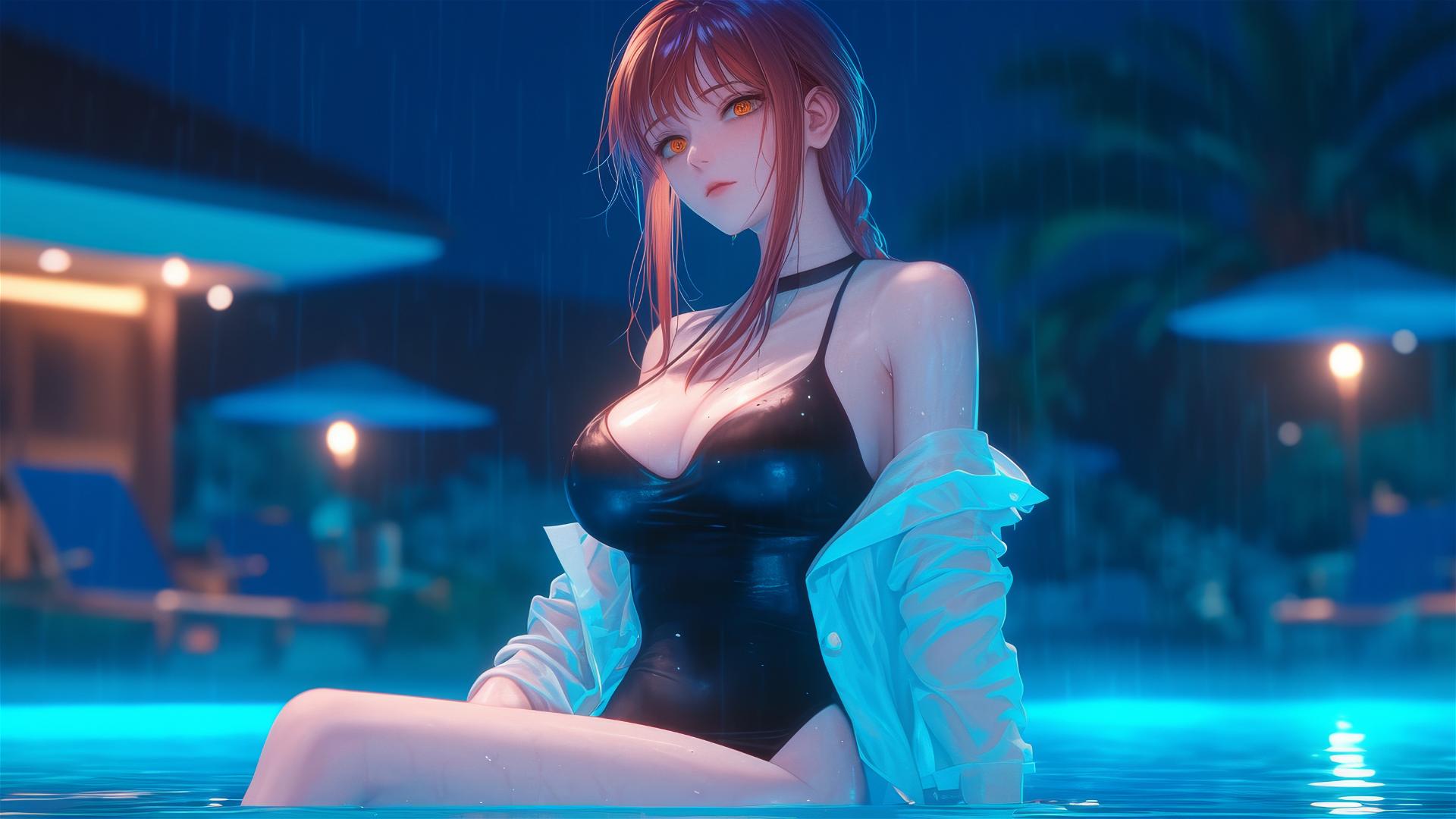 Makima from Chainsaw Man resting by a rainy pool under moonlight, blond and reddish hair visible