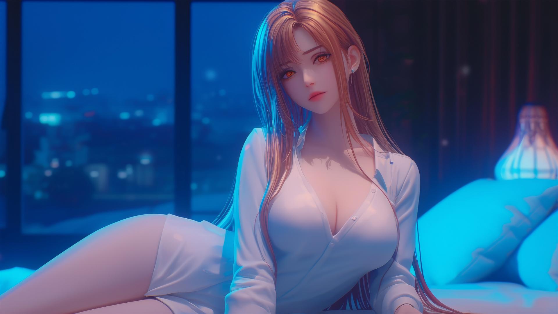 Makima from Chainsaw Man resting in apartment under moonlight, showing off her blond and reddish hair.