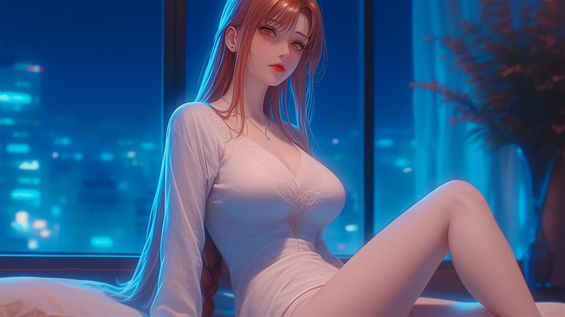 Makima from Chainsaw Man resting at apartment with moonlight glow