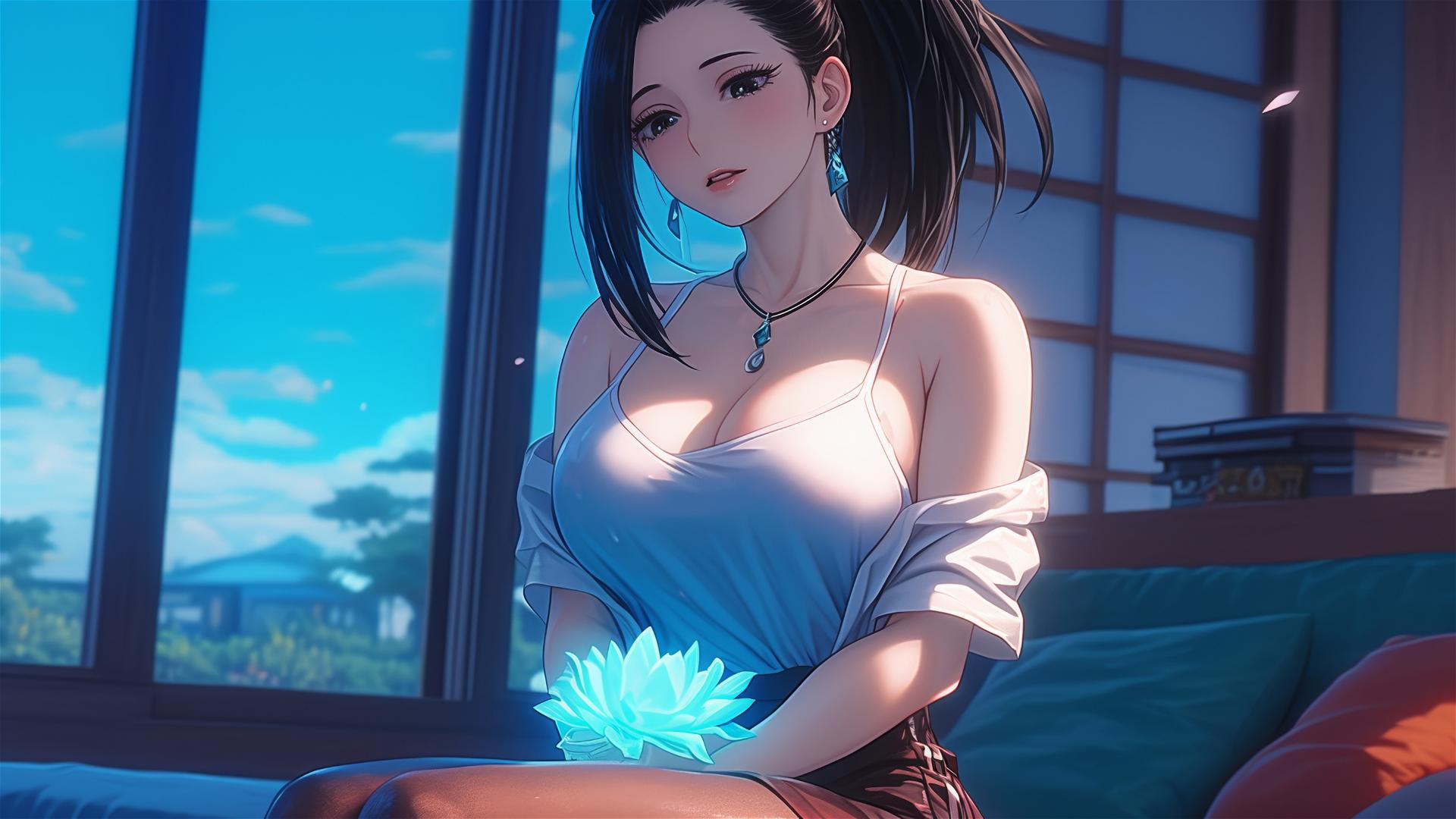 Momo Yaoyorozu from My Hero Academia resting at her apartment under moonlight