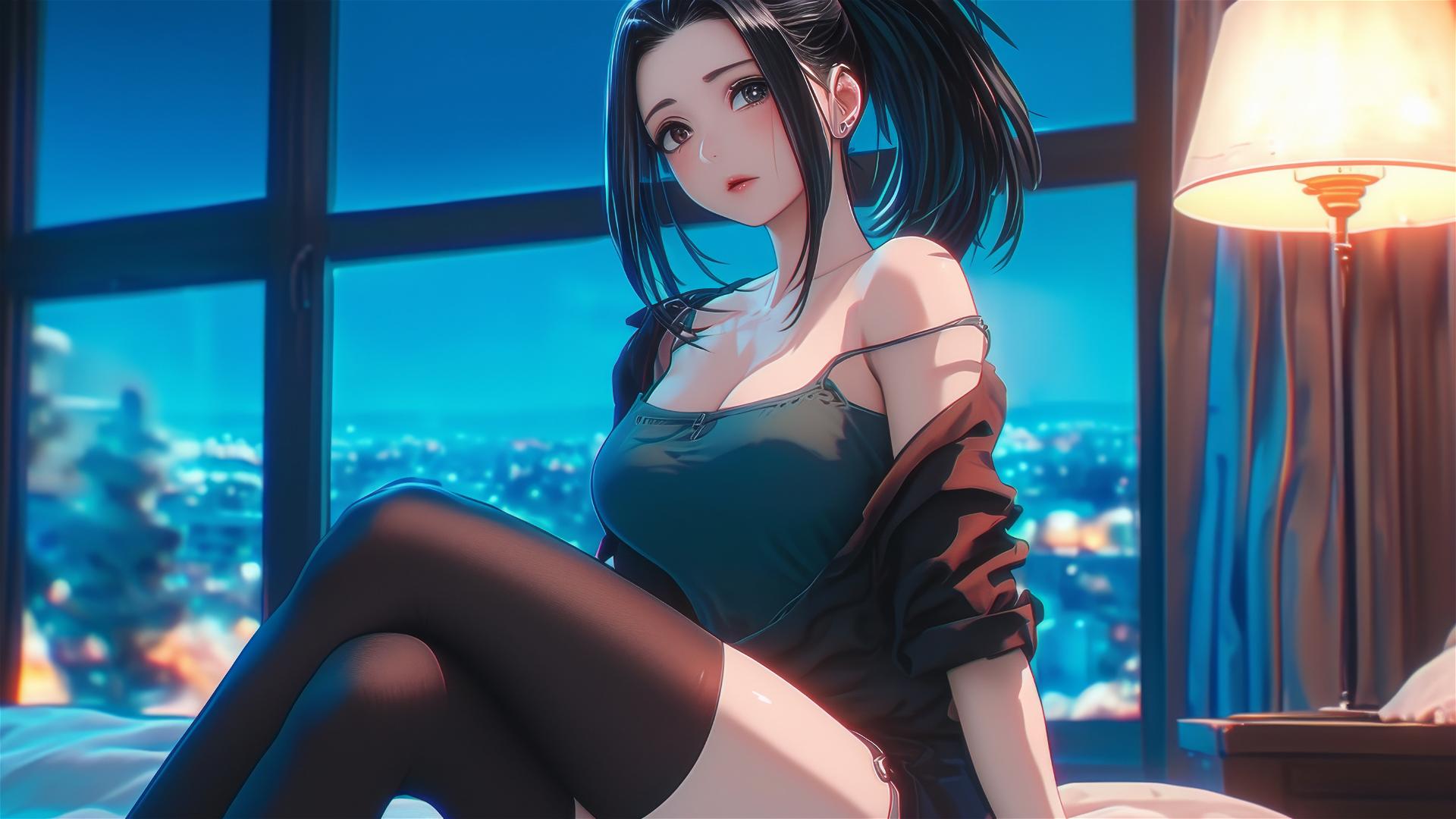 Momo Yaoyorozu from My Hero Academia restfully lounging in her apartment under the calming moonlight