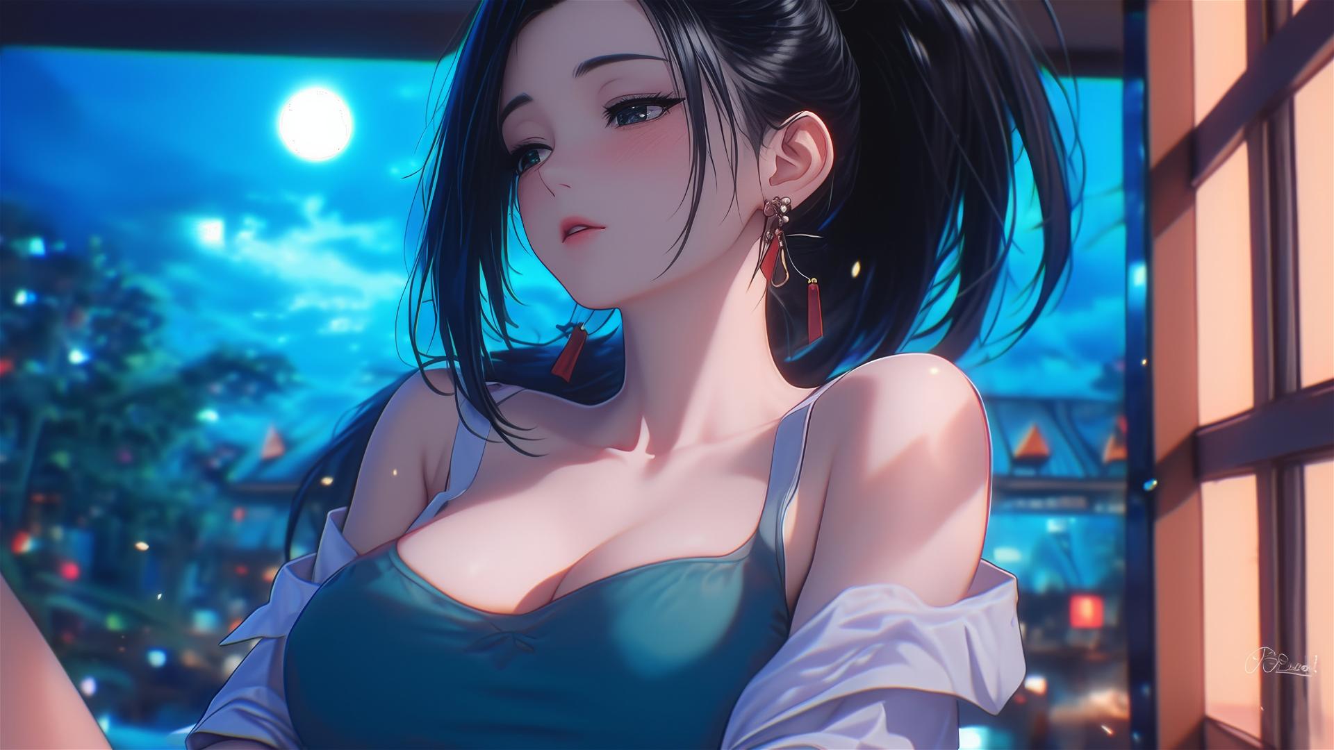 Momo Yaoyorozu from My Hero Academia resting in moonlit apartment