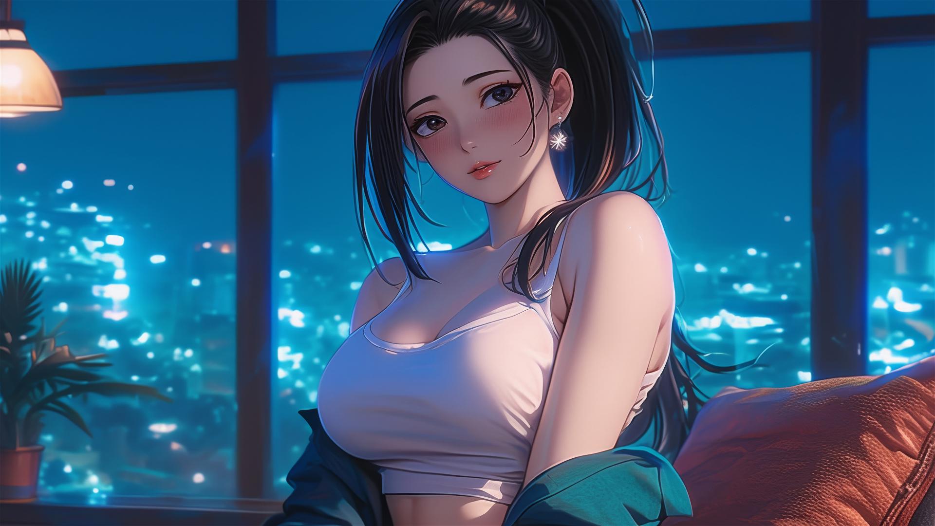 Momo Yaoyorozu from My Hero Academia resting in apartment under moonlight