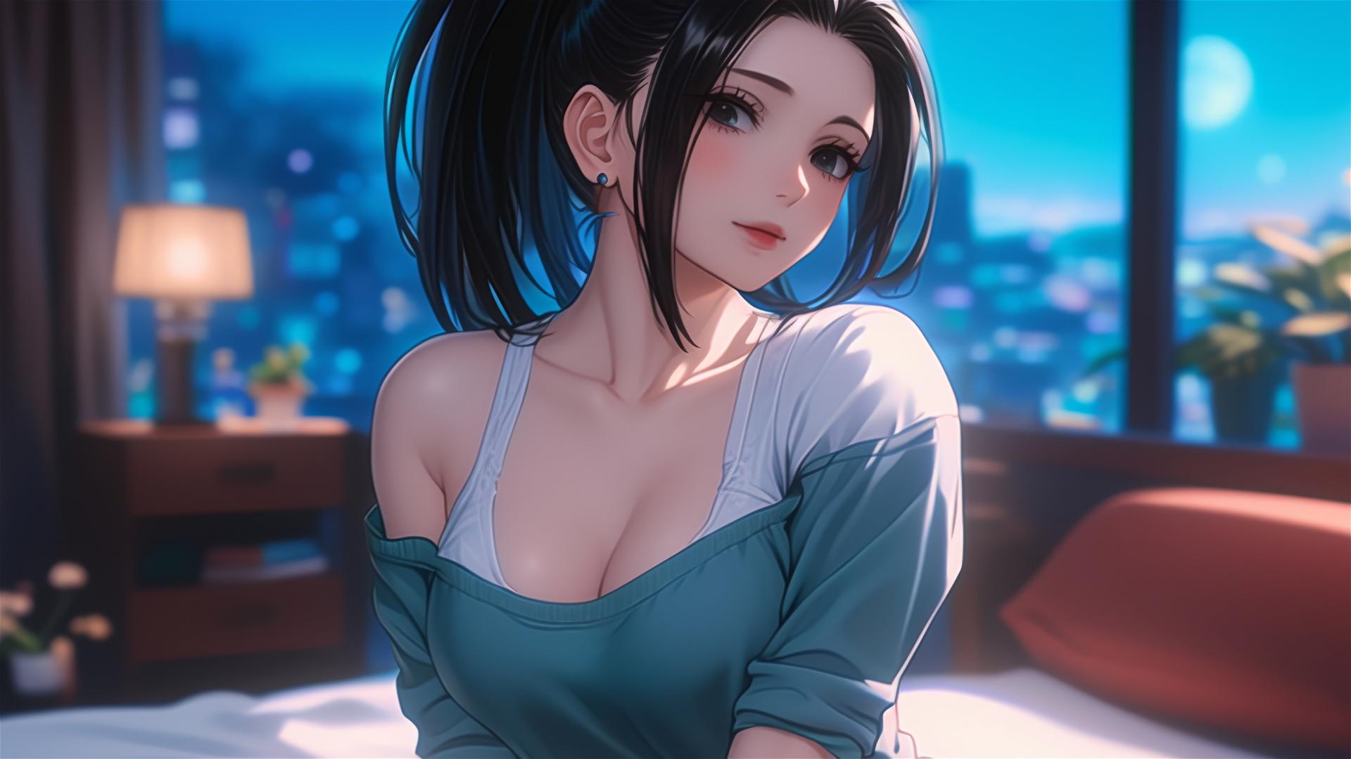 Momo Yaoyorozu from My Hero Academia resting at apartment with moonlight glow