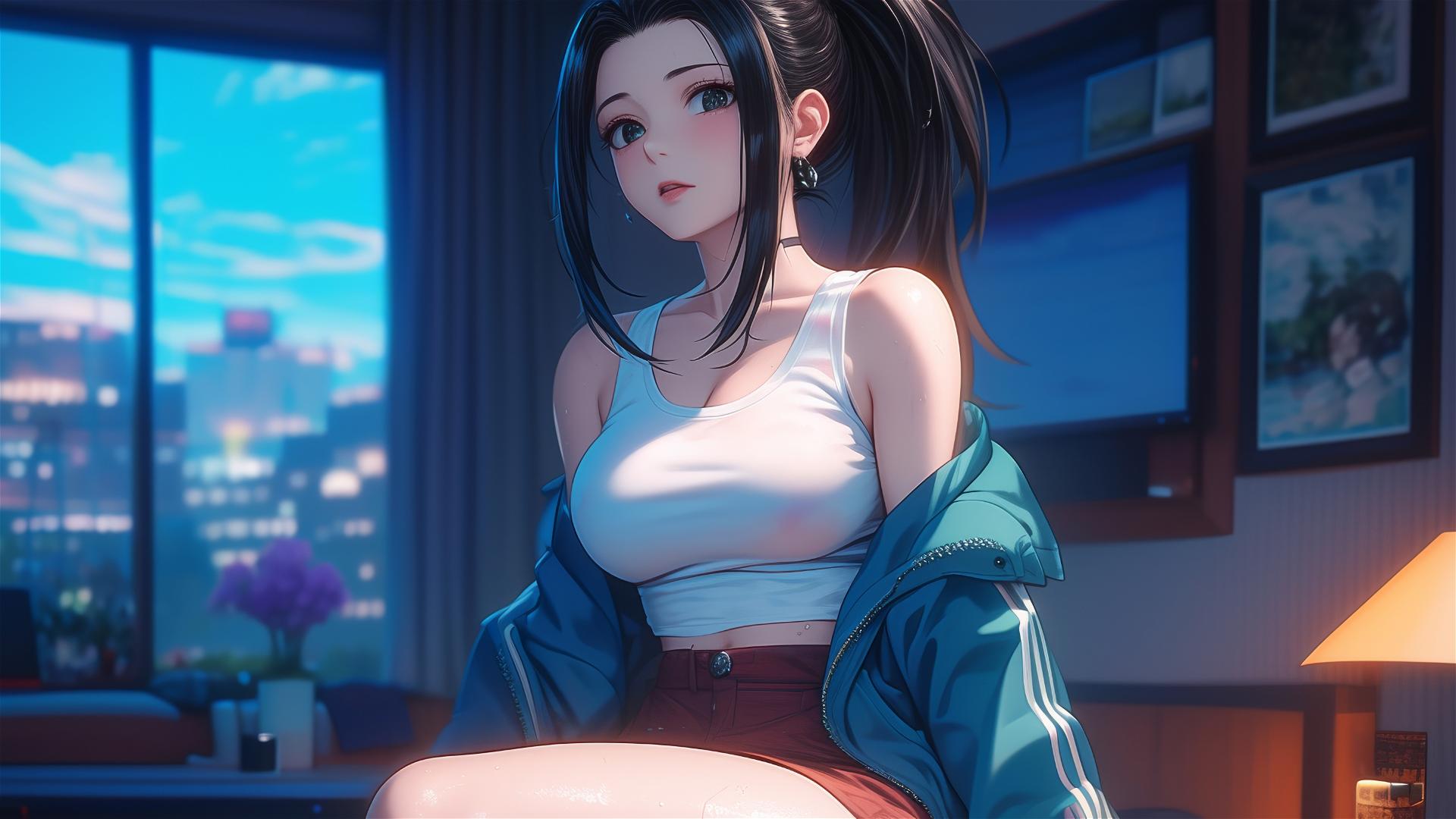 Momo Yaoyorozu from My Hero Academia, resting in apartment under moonlight