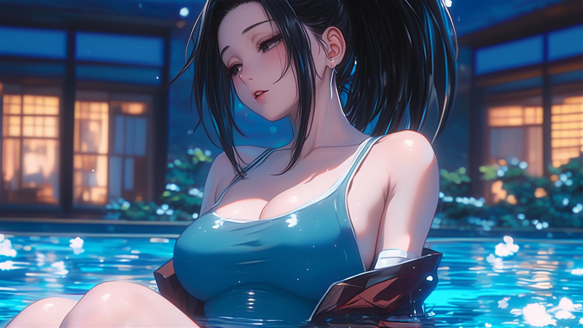 Momo Yaoyorozu from My Hero Academia resting in a tub under the moonlight