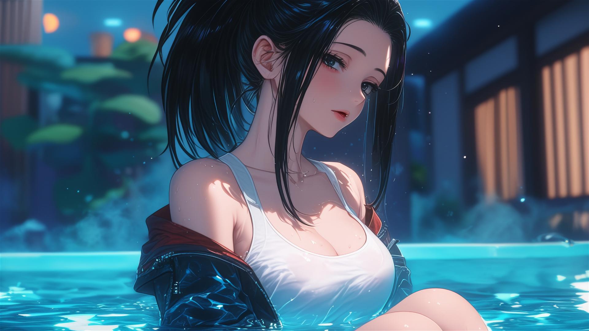 Momo Yaoyorozu from My Hero Academia resting in tub, bathed in moonlight