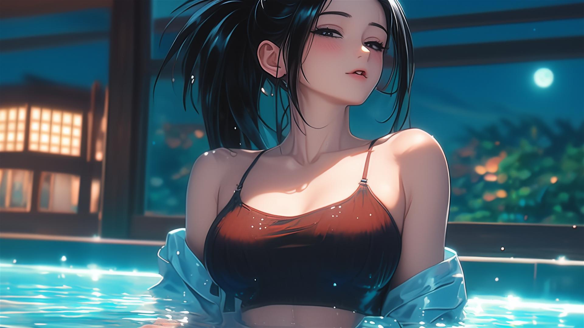 Momo Yaoyorozu from My Hero Academia resting in her apartment's tub under moonlight