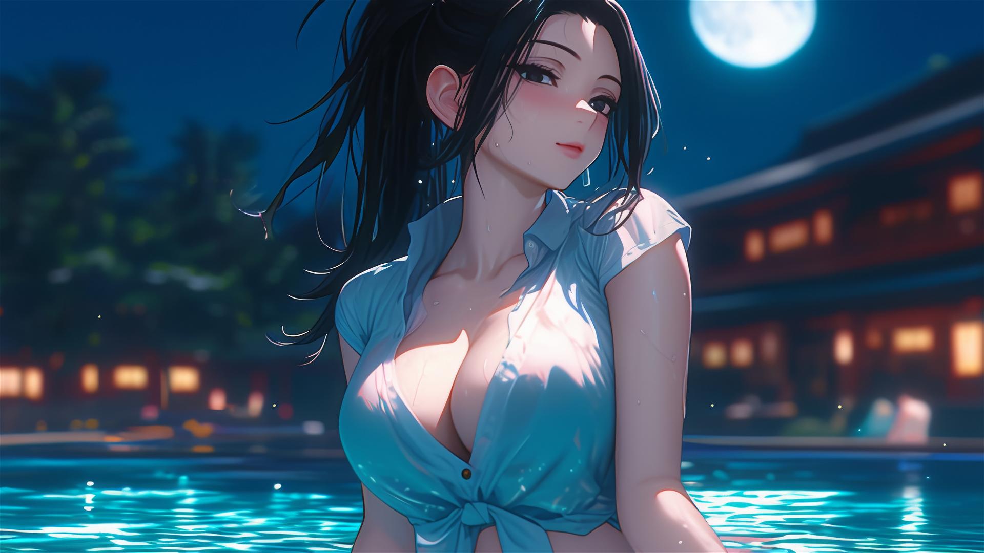 Momo Yaoyorozu from My Hero Academia relaxing in a tub under moonlight
