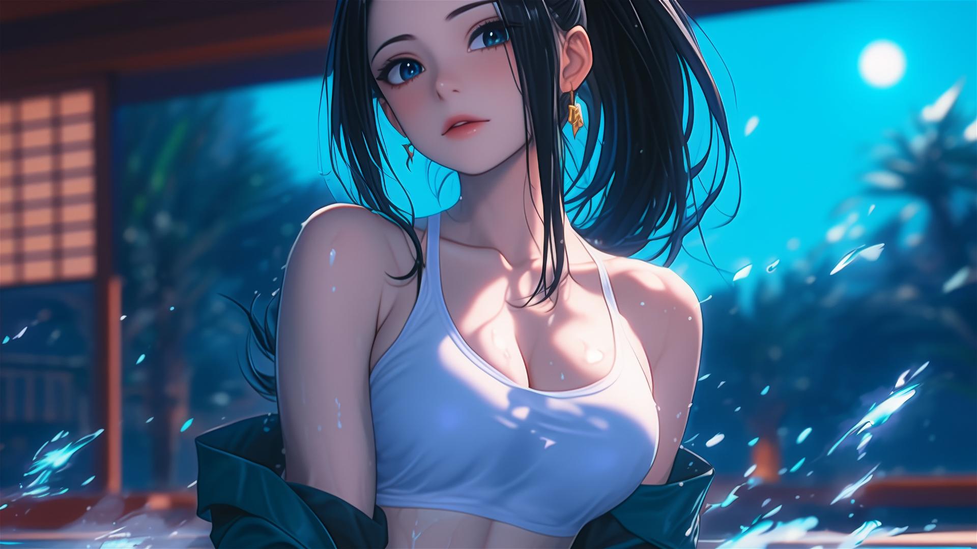 Momo Yaoyorozu from My Hero Academia, resting in her apartment's tub under moon light