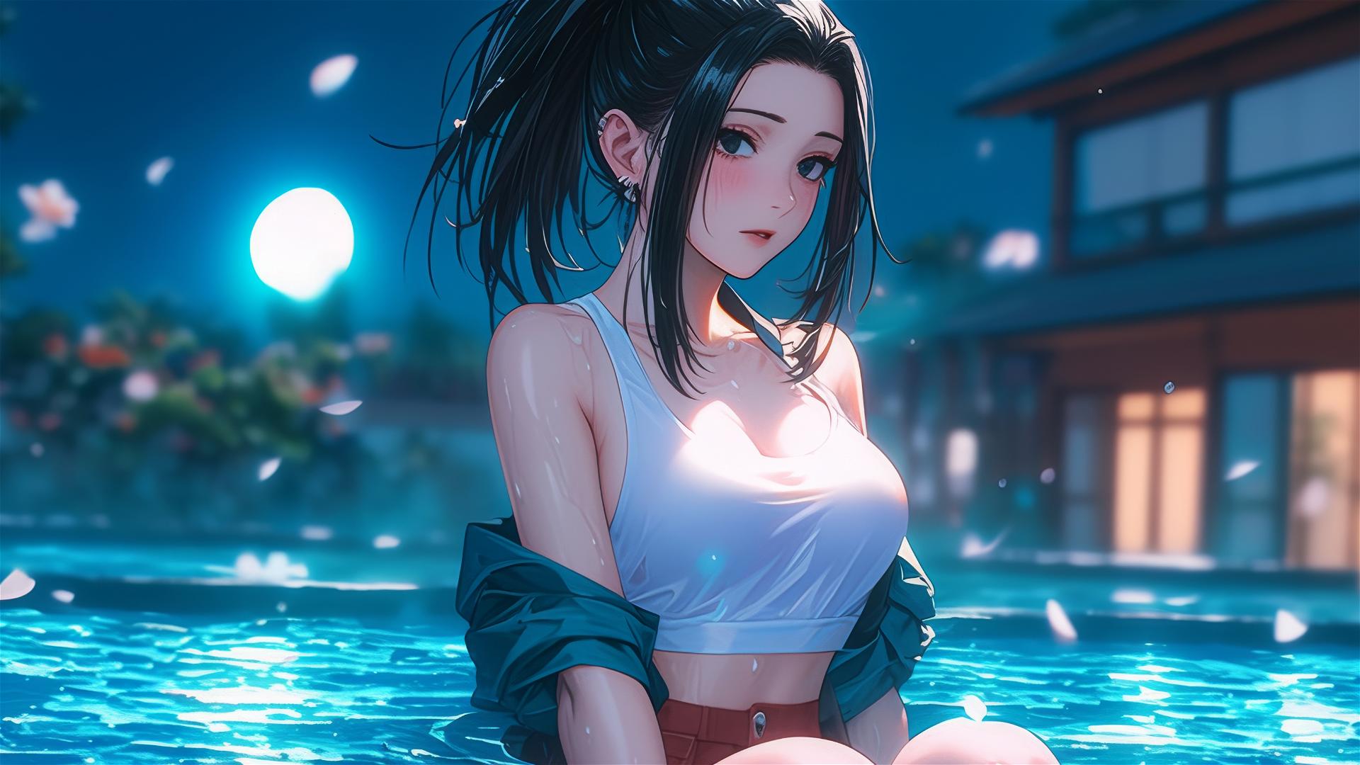 Momo Yaoyorozu from My Hero Academia resting in her apartment tub under soft moonlight