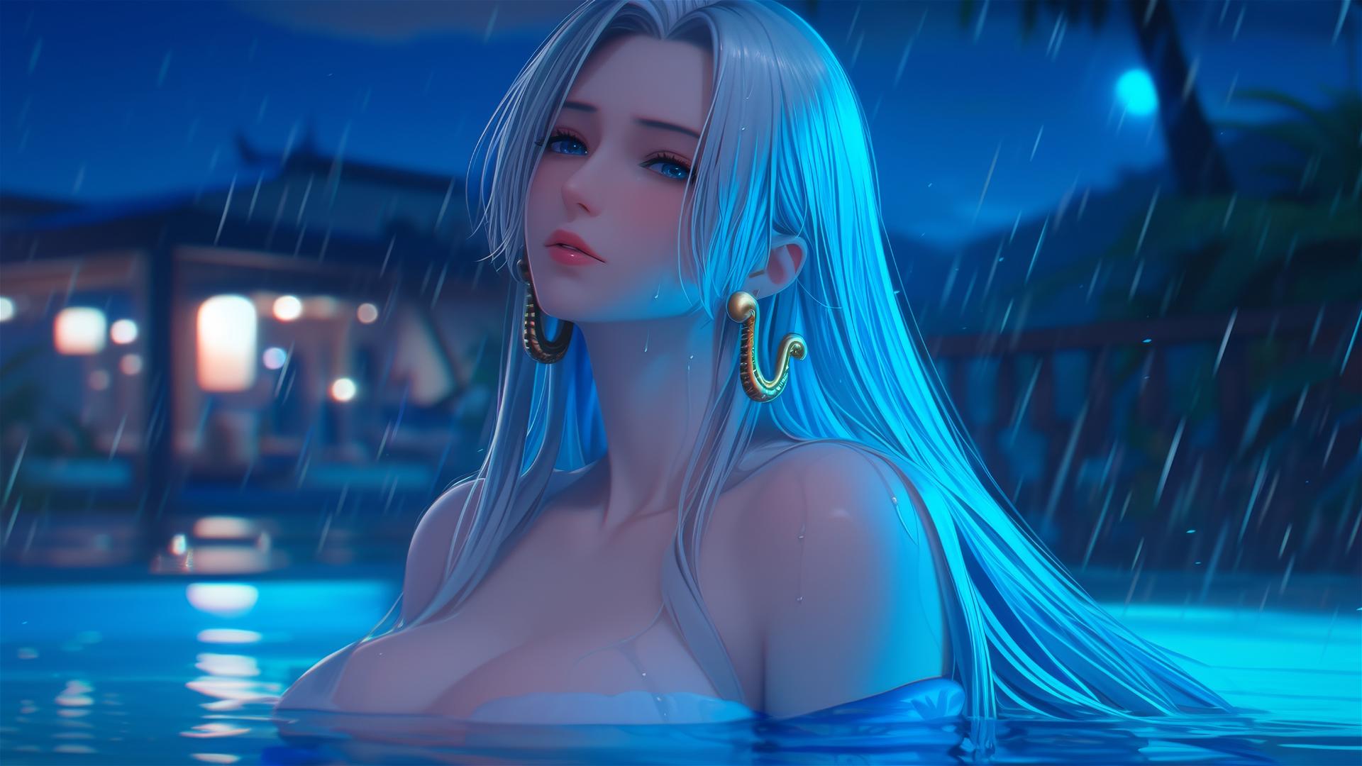 Boa Hancock from One Piece resting leisurely in apartment tub under moonlight, with white hair