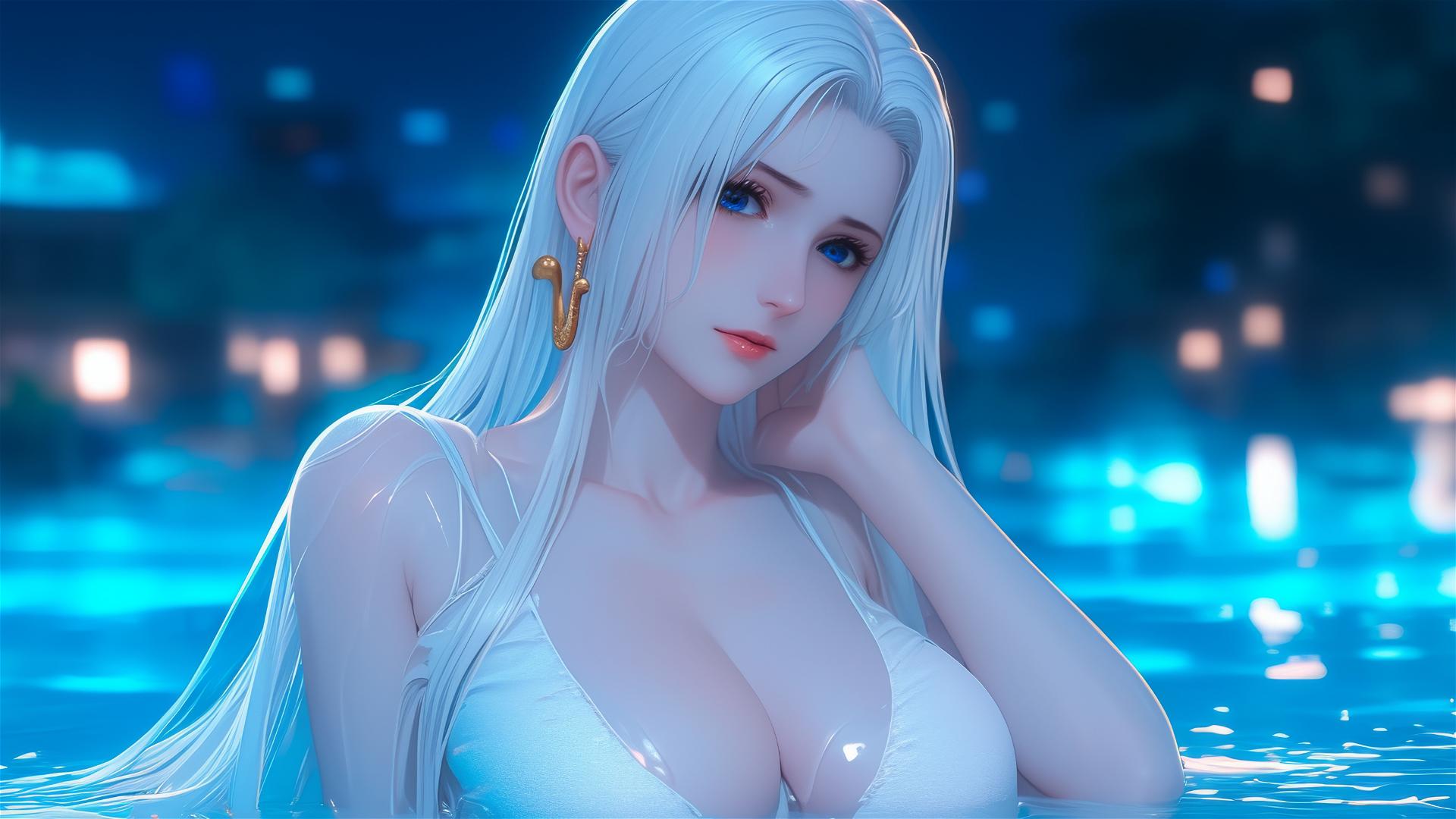 Boa Hancock from One Piece resting in apartment tub under moonlight with white hair