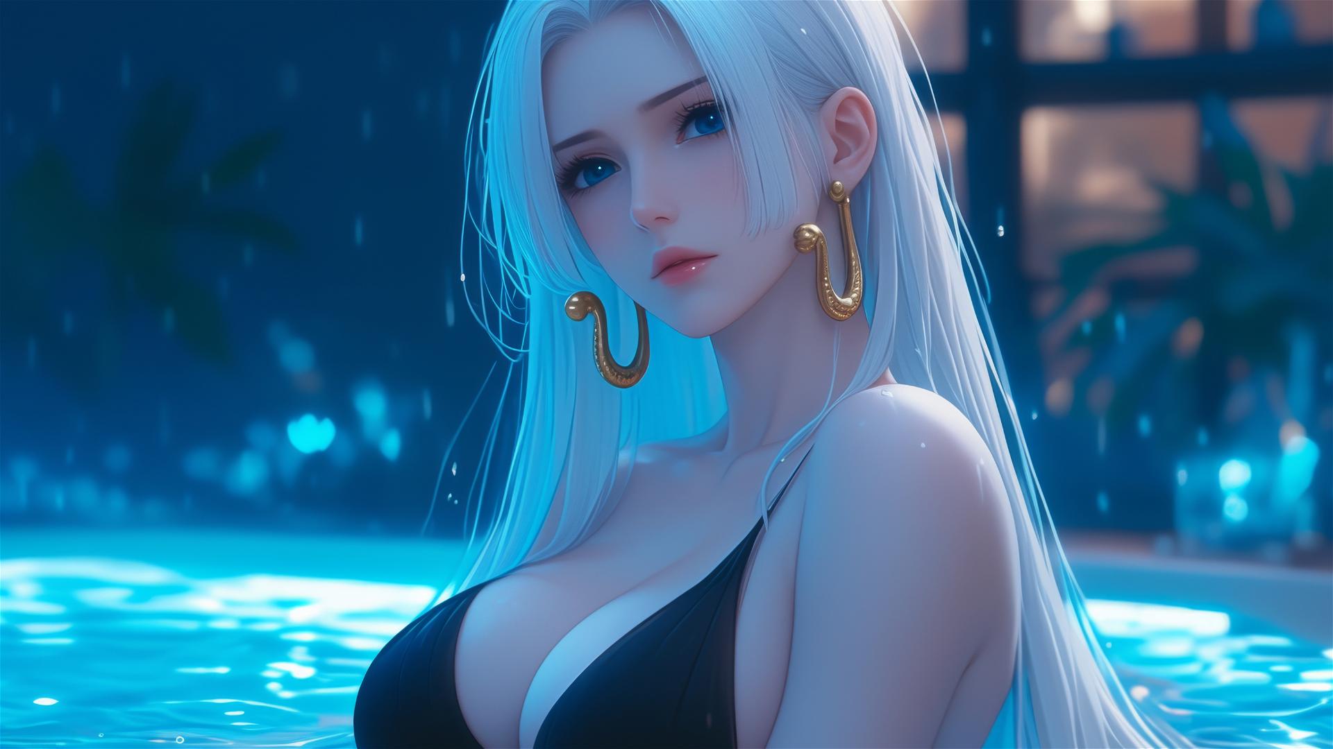Boa Hancock from One Piece resting in tub with moon light glow and white hair