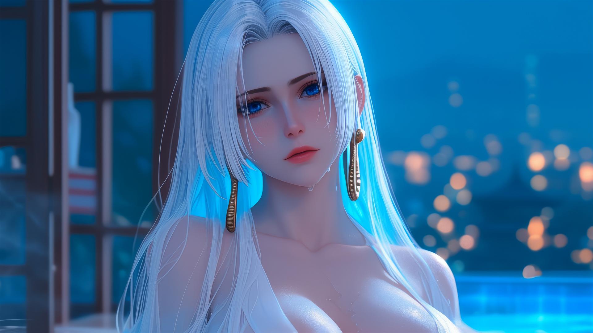 Boa Hancock from One Piece in tub under moonlight with white hair