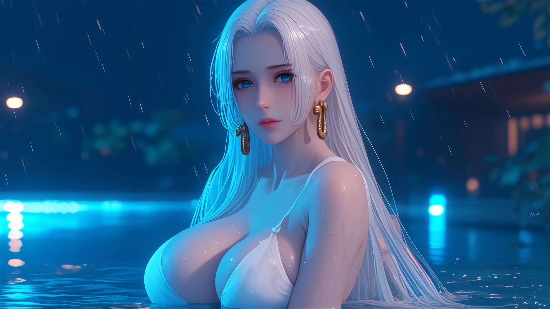 Boa Hancock from One Piece resting in tub with moonlight casting a soft glow, white hair