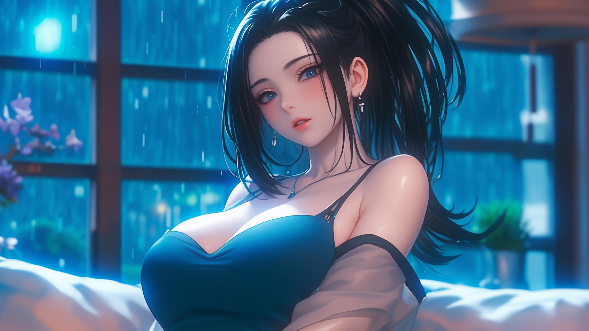 Momo Yaoyorozu from My Hero Academia resting in moonlit apartment