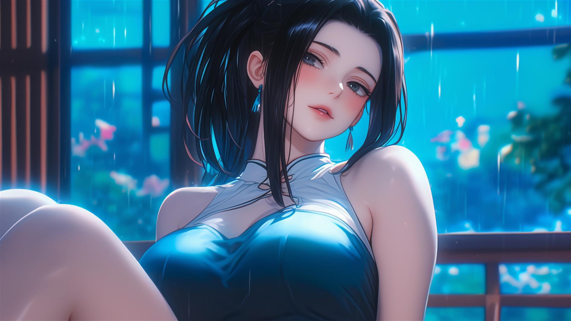 Momo Yaoyorozu from My Hero Academia resting in moonlight at apartment